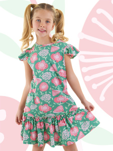 Pembe Çiçekli Kız Çocuk Yeşil Fırfırlı Yazlık Elbise - Denokids