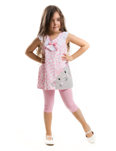 Pembe Puanlı Kedi Kız Çocuk Tunik Tayt Takım - Denokids