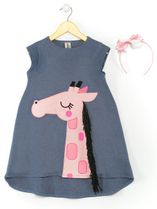Pembe Zürafa Kız Çocuk Elbise+Saç Bandı - 3