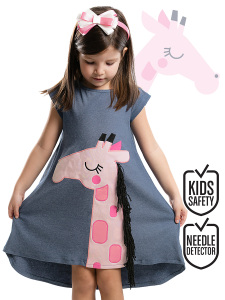 Pembe Zürafa Kız Çocuk Elbise+Saç Bandı - Denokids
