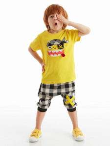 Pirate Ekose Erkek Çocuk T-shirt Kapri Şort Takım - Denokids