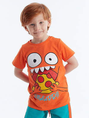 Pizza Boy Pamuklu Penye Erkek Çocuk Turuncu T-shirt - 1