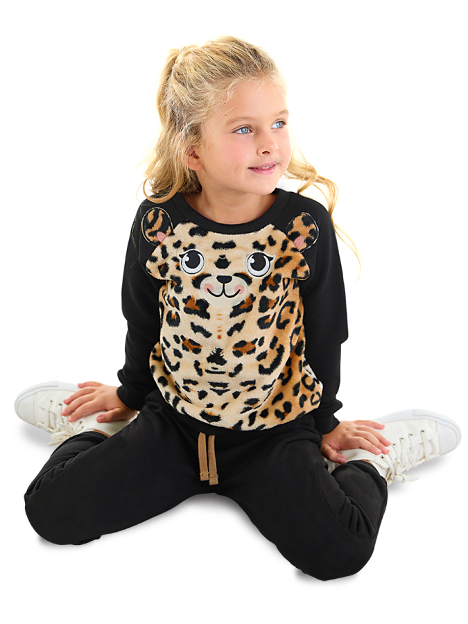 Plush Leopard Girl Black Tracksuit - 1