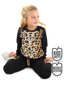 Plush Leopard Girl Black Tracksuit - Denokids