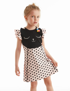 Ponpon Puanlı Kedi Kız Çocuk Fırfırlı Pembe Yazlık Elbise - Denokids