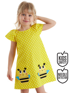 Puanlı Arılar Kız Çocuk Sarı Yazlık Elbise - Denokids