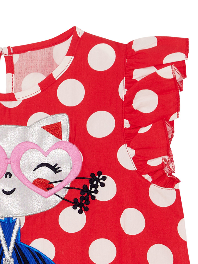 Kedi Kız Çocuk Elbise Poplin Kırmızı Puantiyeli Yazlık Poplin Elbise - 6