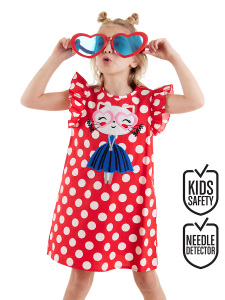 Kedi Kız Çocuk Elbise Poplin Kırmızı Puantiyeli Yazlık Poplin Elbise - Denokids