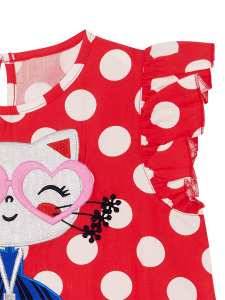 Kedi Kız Çocuk Elbise Poplin Kırmızı Puantiyeli Yazlık Poplin Elbise - 6