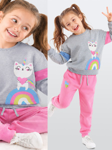 Kız Çocuk Kışlık Kedi ve Kalp Desenli Pembe Uzun Kollu 2 Parça Eşofman Takımı 1-8 Yaş - Denokids