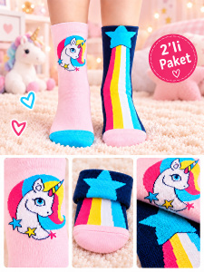 Kız Çocuk Unicorn ve Yıldız Desenli Pamuklu Pembe 2'li Paket Çorap 2-9 Yaş - Denokids