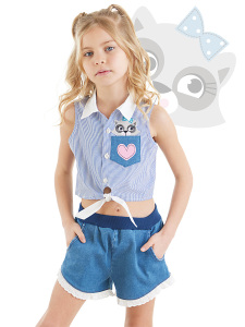 Rakun Kız Gömlek Denim Şort Takım - Denokids