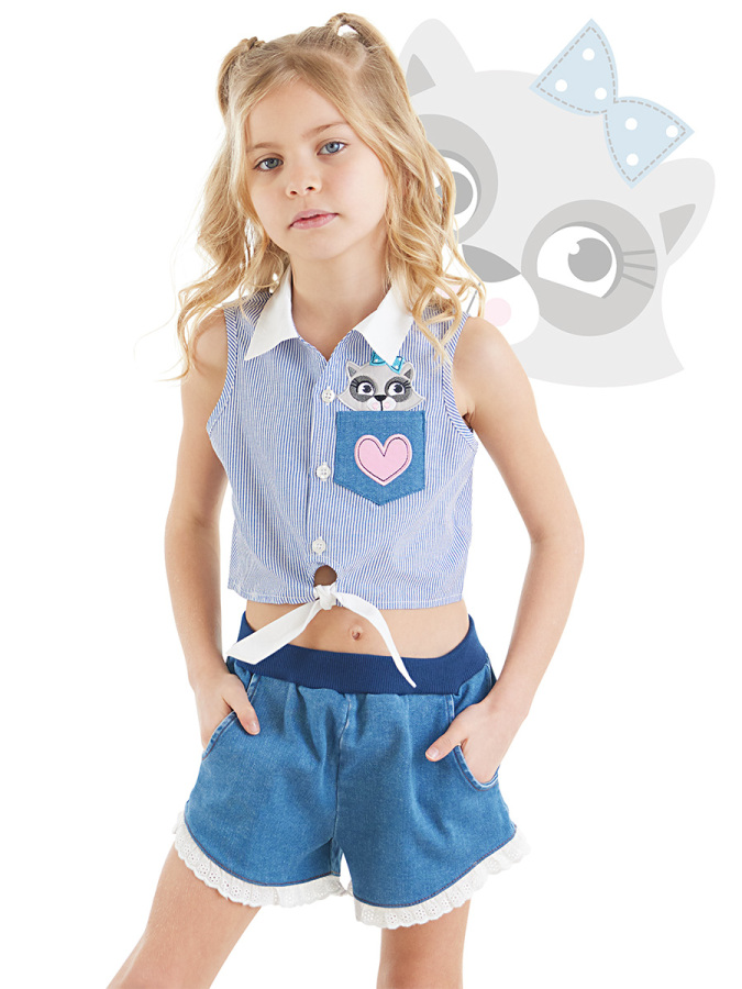 Rakun Kız Gömlek Denim Şort Takım - 1