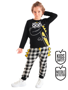 Rap Dino Erkek Çocuk T-shirt Ekose Pantolon Takım - Denokids