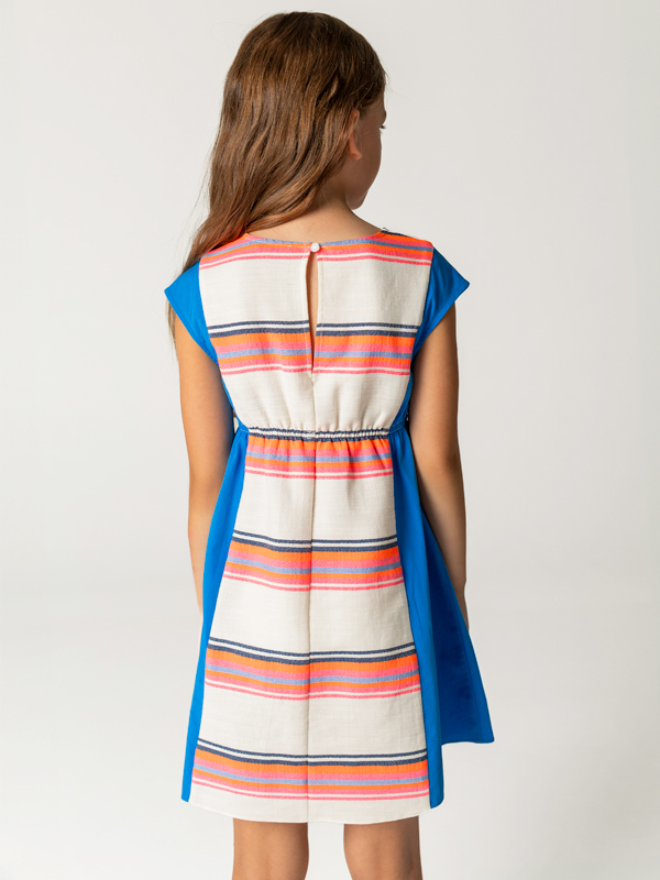 Renkli Çizgili Beli Kuşaklı Kız Çocuk Elbise - 2