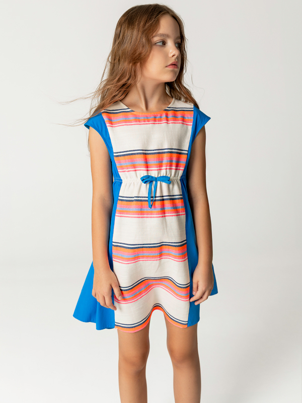 Renkli Çizgili Beli Kuşaklı Kız Çocuk Elbise - 3