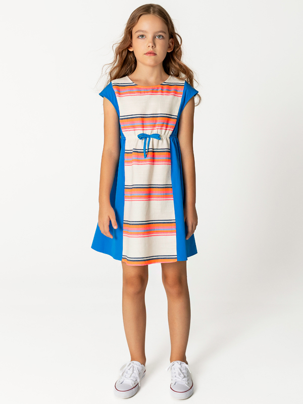 Renkli Çizgili Beli Kuşaklı Kız Çocuk Elbise - 1