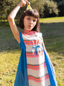 Renkli Çizgili Beli Kuşaklı Kız Çocuk Elbise - 4