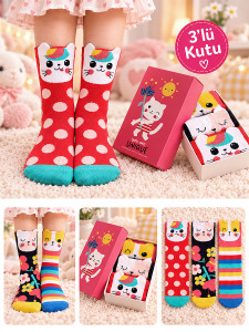 Kız Çocuk Kedi Desenli Pamuklu Çok Renkli 3'lü Paket Çorap 4-9 Yaş - Denokids
