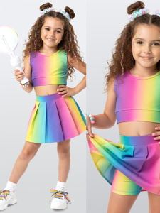 Renkli Kız Çocuk Spor Şort Etek Crop Atlet Takım - Denokids