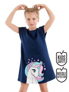 Kız Çocuk Elbise Unicorn Kiz Cocuk Günlük Elbise Lacivert - Denokids