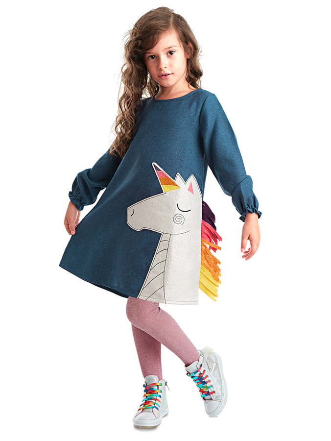 Renkli Unicorn Kız Çocuk Dokuma Lacivert Kışlık Elbise - 1