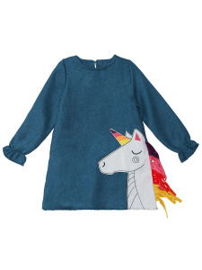 Renkli Unicorn Kız Çocuk Dokuma Lacivert Kışlık Elbise - 3