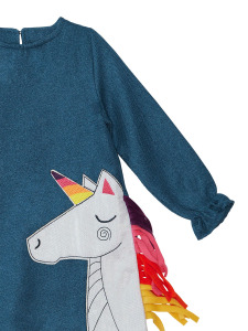 Renkli Unicorn Kız Çocuk Dokuma Lacivert Kışlık Elbise - 5