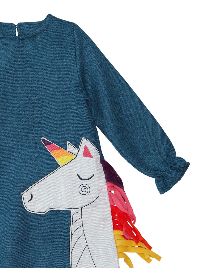 Renkli Unicorn Kız Çocuk Dokuma Lacivert Kışlık Elbise - 5
