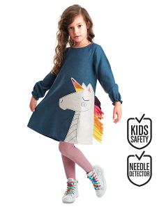 Renkli Unicorn Kız Çocuk Dokuma Lacivert Kışlık Elbise - Denokids