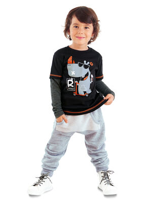Rhino Erkek Çocuk Siyah T-shirt Eşofman Altı Takım - 1