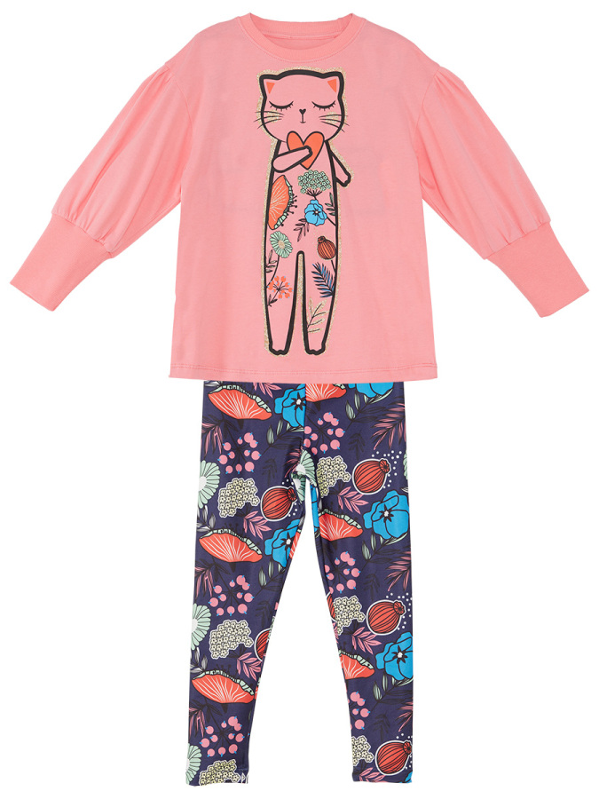 Romantic Cat Girl Pink T-shirt and Leggings Set - 3