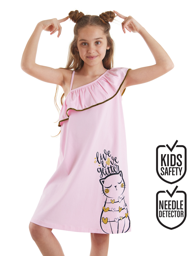 Kedi Kız Çocuk Yazlık Fırfırlı Penye Pembe Kız Elbise - 1