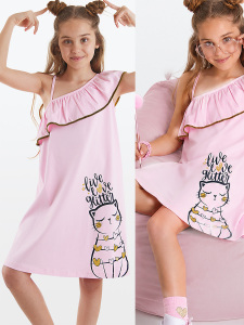 Kedi Kız Çocuk Yazlık Fırfırlı Penye Pembe Kız Elbise - MSHB&G