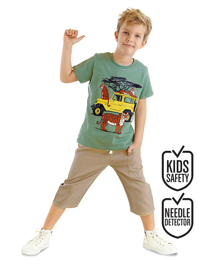 Safari Erkek Çocuk Yazlık T-shirt Gabardin Şort Takım - 1