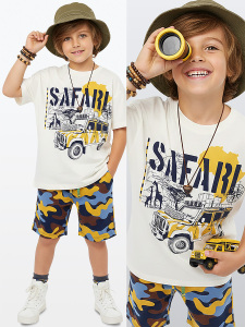 Erkek Çocuk Takım Safari Baskılı %100 Pamuk T-Shirt Şort Yazlık Takım - Denokids