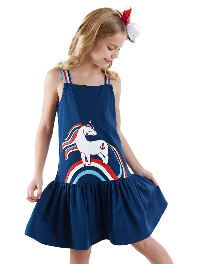 Sailor Unicorn Girl Navy Blue Cotton Dress - 1