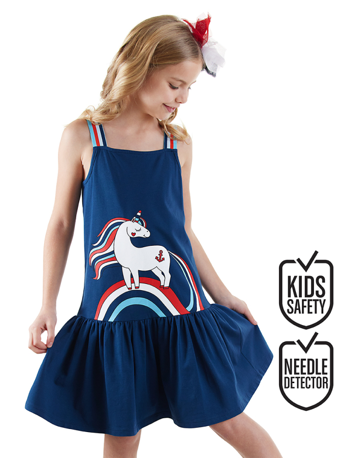 Sailor Unicorn Girl Navy Blue Cotton Dress - 1