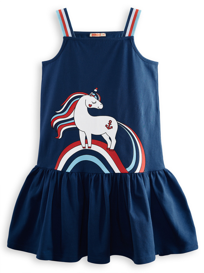 Sailor Unicorn Girl Navy Blue Cotton Dress - 3