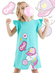 Sakızlı Unicorn Kız Çocuk Turkuaz Fırfırlı Yazlık Elbise - Denokids