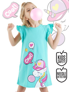Sakızlı Unicorn Kız Çocuk Turkuaz Fırfırlı Yazlık Elbise - Denokids