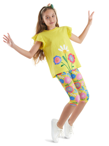 Sarı Çiçekli Kız Çocuk Yazlık Fırfırlı T-shirt Tayt Takım - MSHB&G
