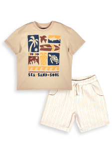 Erkek Çocuk Takım Yaz Baskılı %100 Pamuk T-Shirt Çizgili Dokuma Şort Yazlık Takım - 5