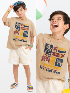 Erkek Çocuk Takım Yaz Baskılı %100 Pamuk T-Shirt Çizgili Dokuma Şort Yazlık Takım - Denokids