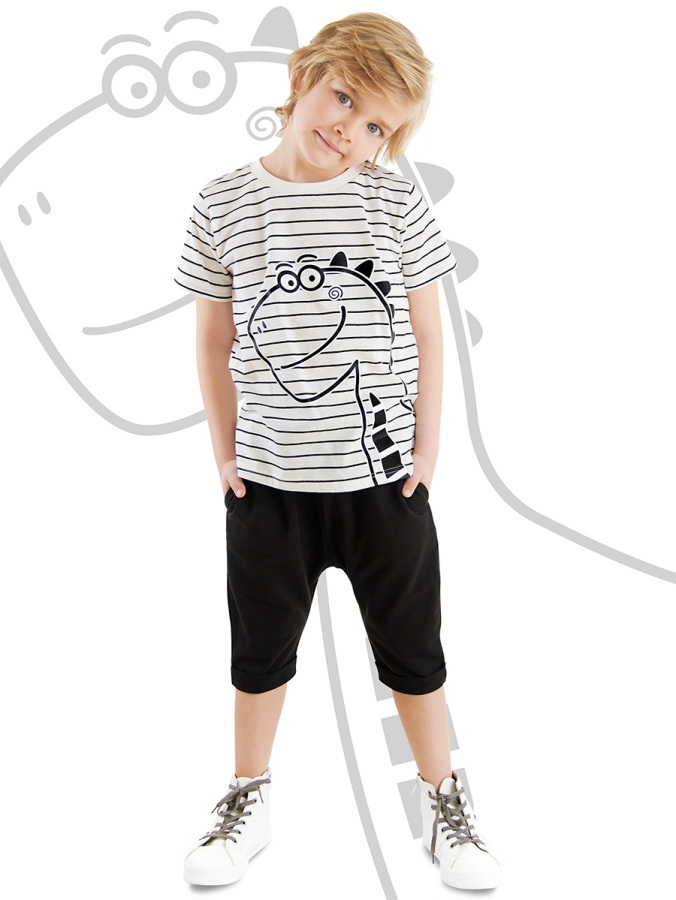 Sevimli Dino Çizgili Erkek Çocuk Yazlık T-shirt Kapri Şort Takım - 1