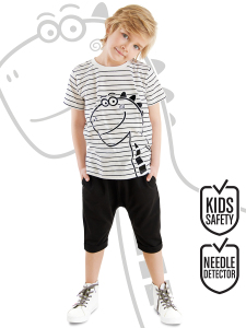 Sevimli Dino Çizgili Erkek Çocuk Yazlık T-shirt Kapri Şort Takım - Denokids