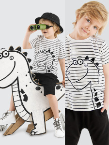 Sevimli Dino Çizgili Erkek Çocuk Yazlık T-shirt Kapri Şort Takım - Denokids