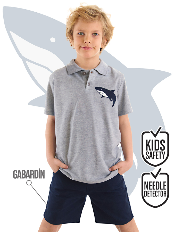 Shark Embroideried Pique Polo Shirt&Twill Shorts Set - 1