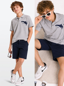 Shark Embroideried Pique Polo Shirt&Twill Shorts Set - MSHB&G
