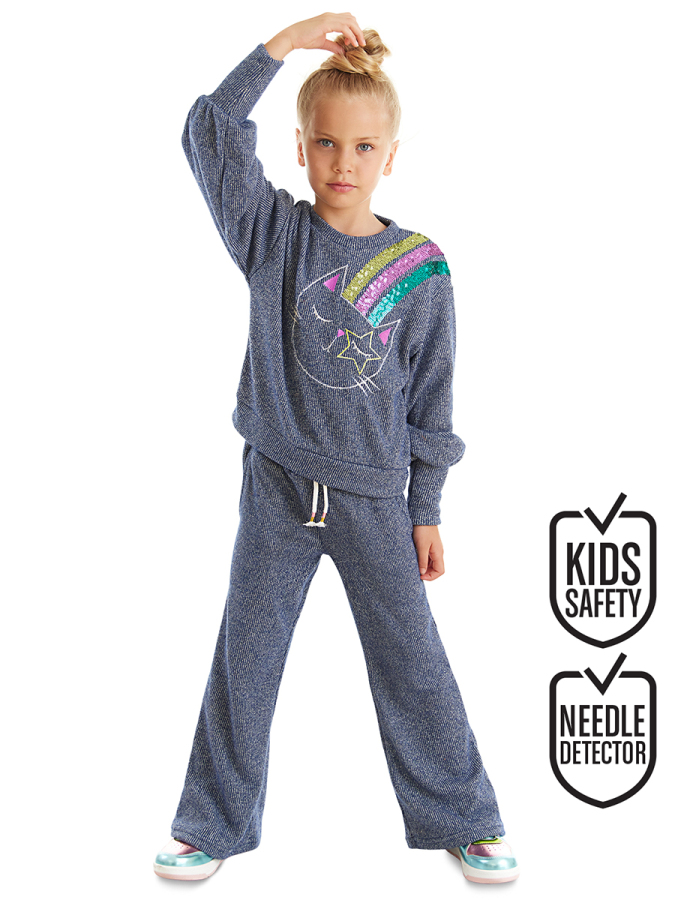 Silver Cat Girl Knitted Navy Blue Tracksuit - 1